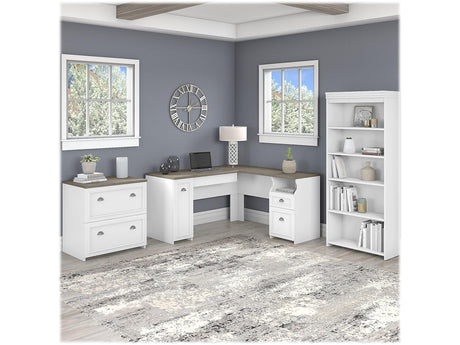 60-inch L-Shaped Desk with File Cabinet and 5-Shelf Bookcase in Modern Black Finish