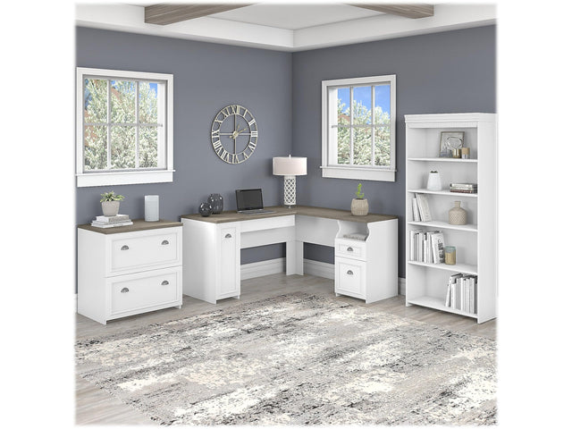60-inch L-Shaped Desk with File Cabinet and 5-Shelf Bookcase in Modern Black Finish