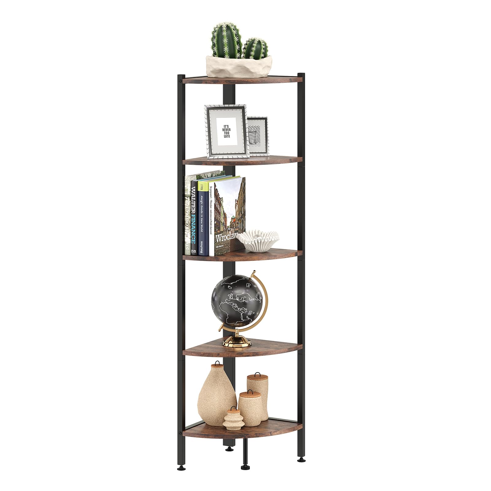 Apicizon 5 Tier Corner Shelf, Industrial Tall Standing Corner Bookshelf, Metal Frame Plant Display Stand Organizer for Wall Corner, Living Room, Bedroom, Bathroom Kitchen, Brown