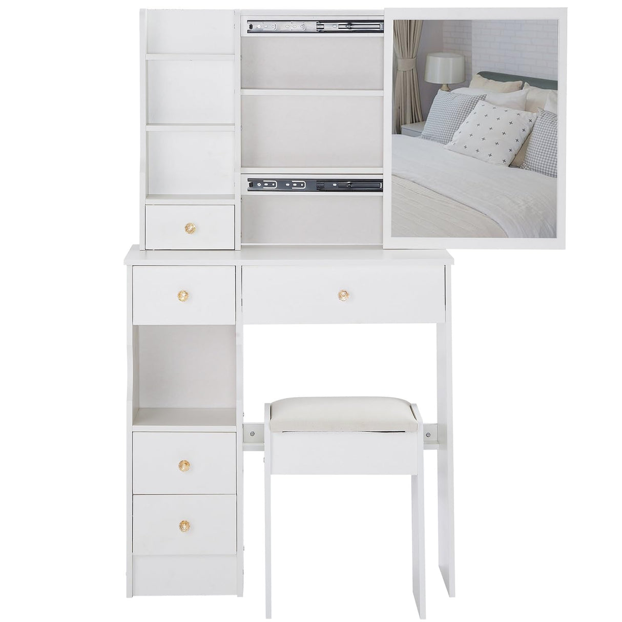 Small Makeup Vanity Desk Set with Sliding Mirror and Stool,Vanity Table with Storage Drawers and Shelves for Bedroom (White)