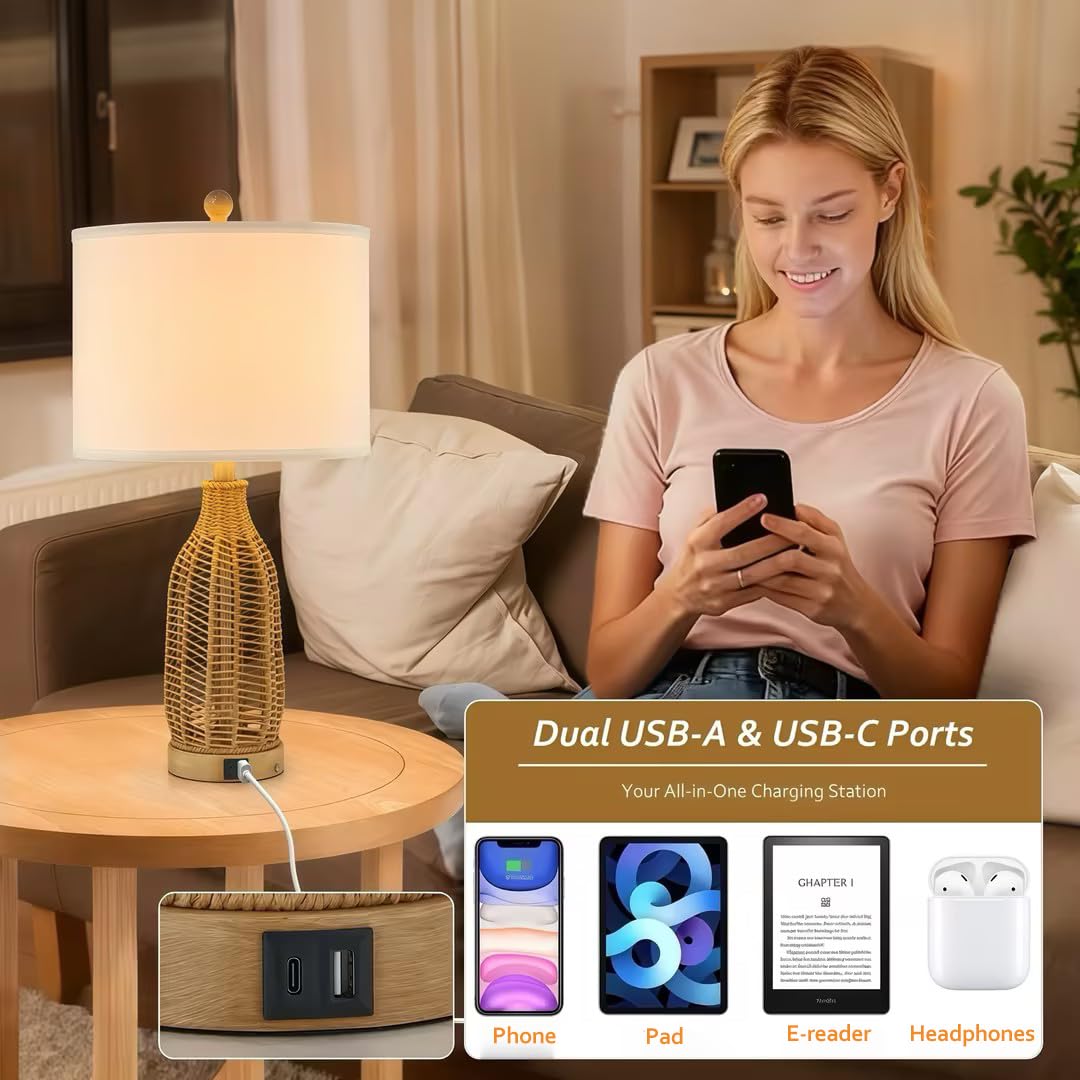 24.5" Rattan Table Lamps Set of 2 with USB Charging Ports