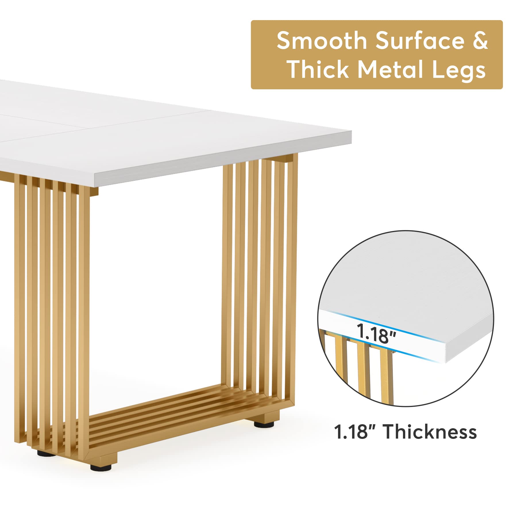 70.8" Modern Dining Table for 6-8 People - White Wood with Gold Metal Legs