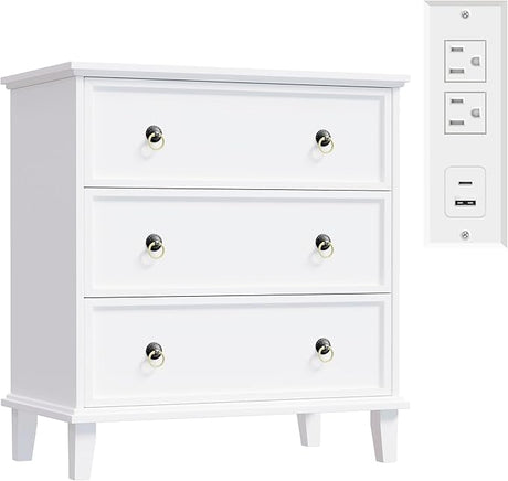 White 3 Drawers Nightstand with Charging Station, Modern Bedside Table 3 Drawers End