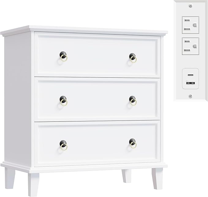 Large Black Nightstand with Charging Station, 3 Drawers Nightstand 29.8" X 27.6"