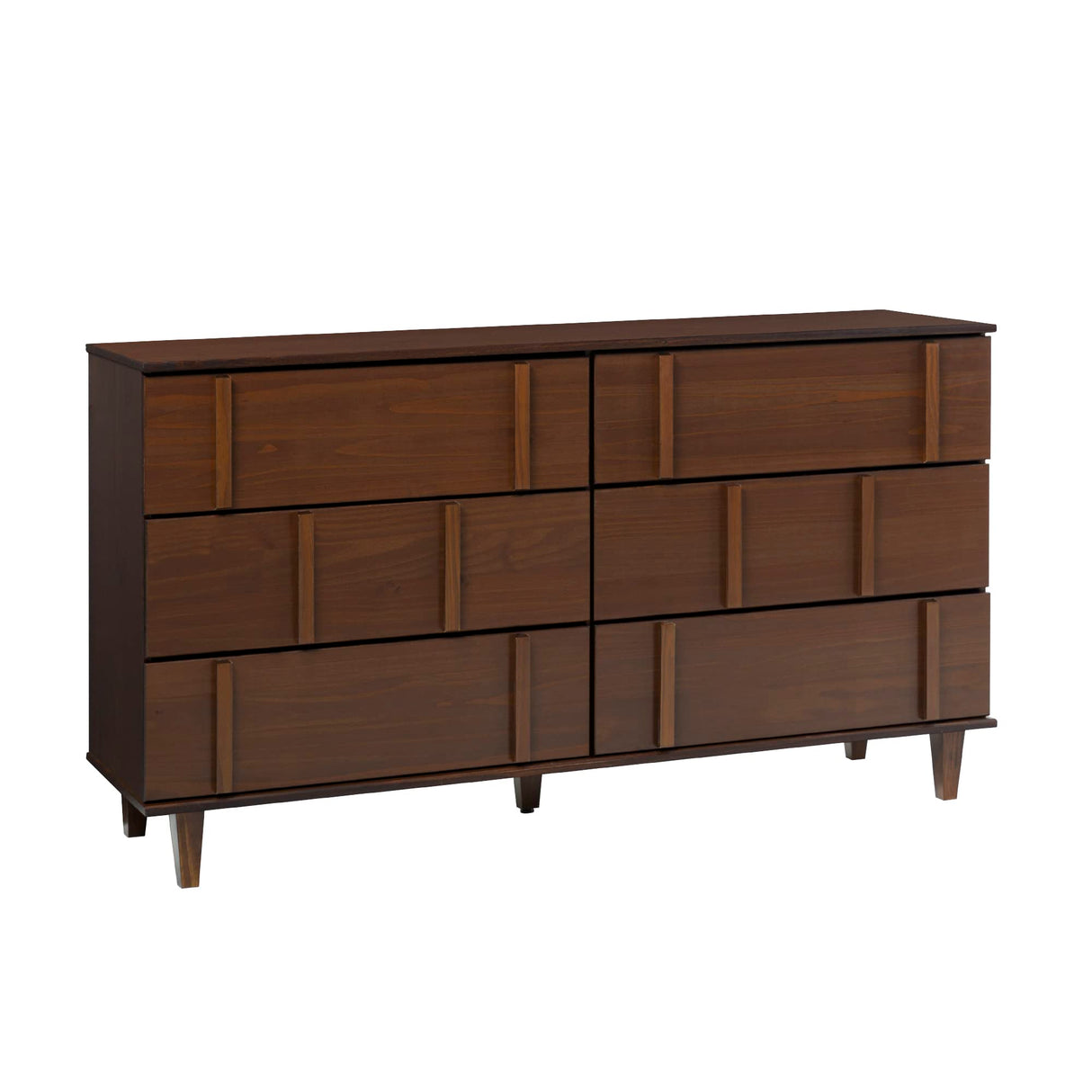 Contemporary Detailed 6-Drawer Solid Wood Dresser, 60 Inch, Walnut