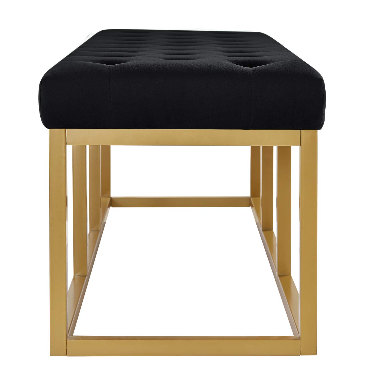Upholstered Tufted Long Bench with Golden Metal Leg, Black Velvet Bench