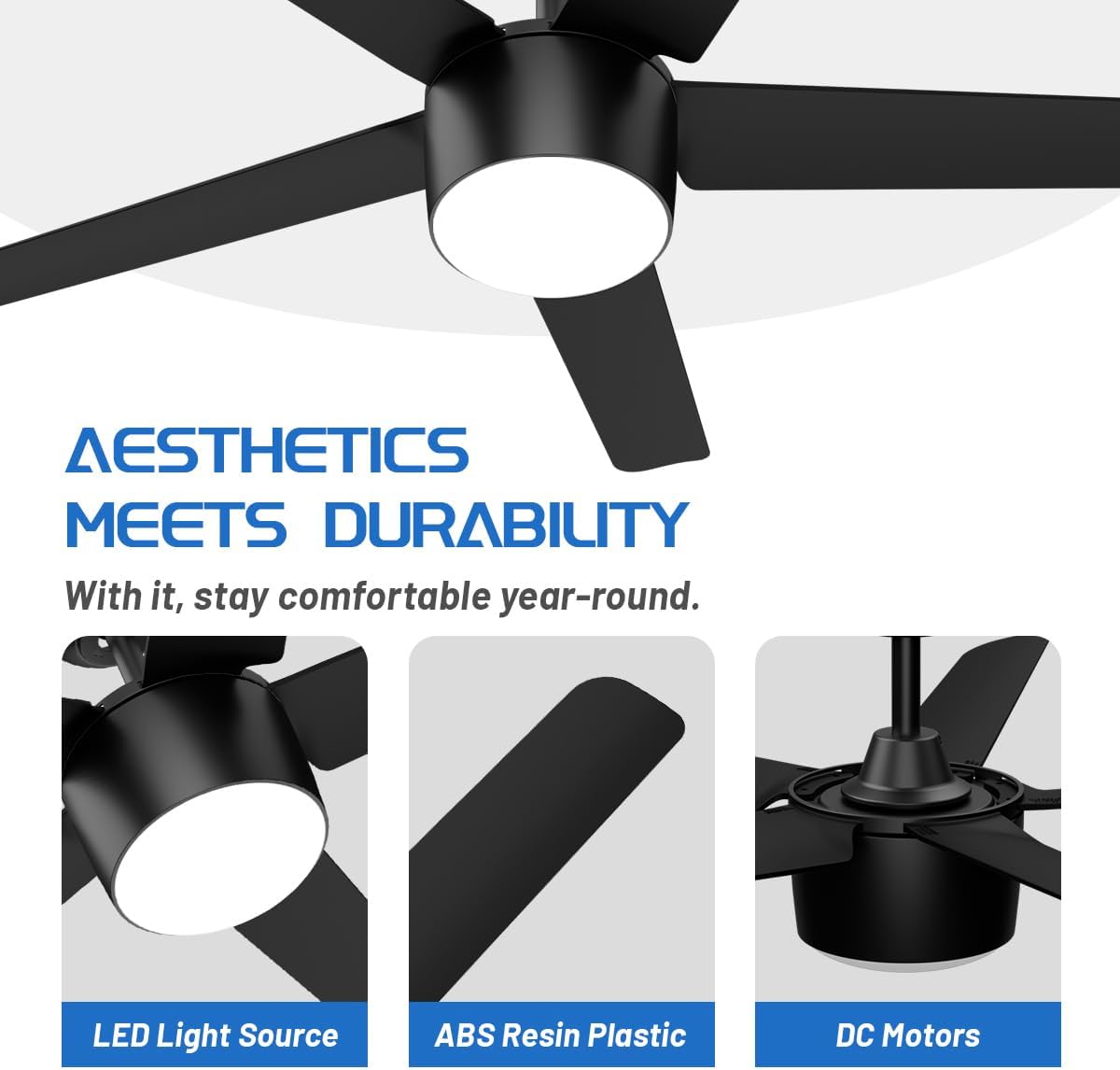 52 Inch Smart Ceiling Fan, DC Reversible Motor Noiseless Timing 3CCT Dimmable, Black