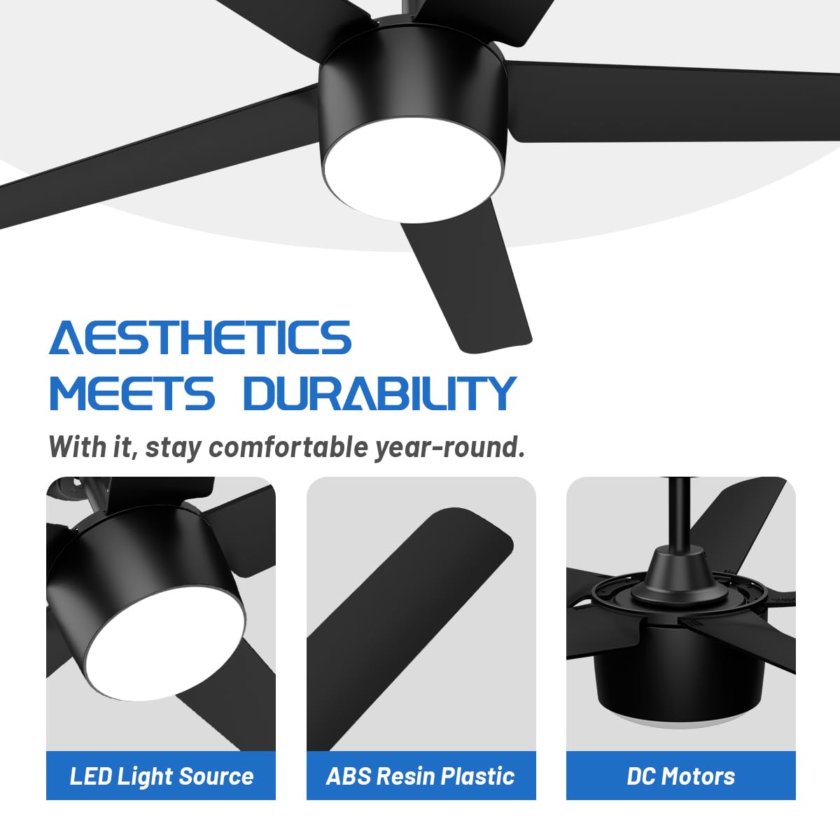 52 Inch Smart Ceiling Fan, DC Reversible Motor Noiseless Timing 3CCT Dimmable, Black