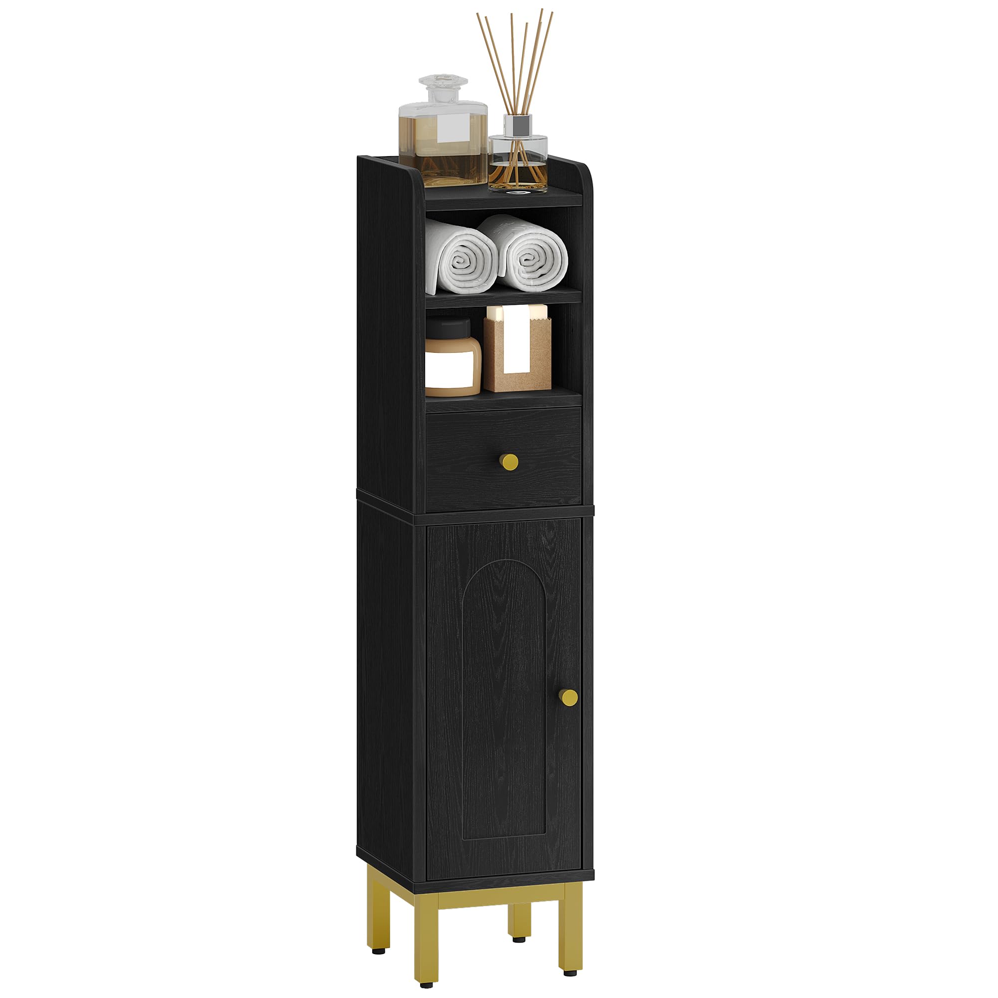 Bathroom Storage Cabinet, Corner Floor Cabinet with Drawers and Doors, Narrow Toilet