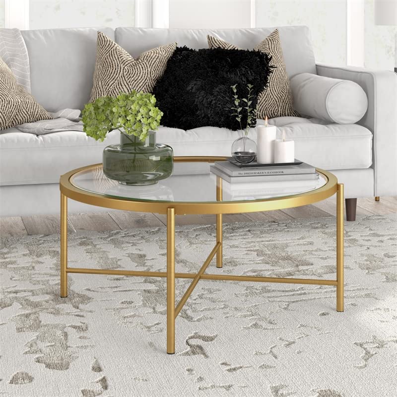 Duxbury 36'' Wide Round Coffee Table in Brass