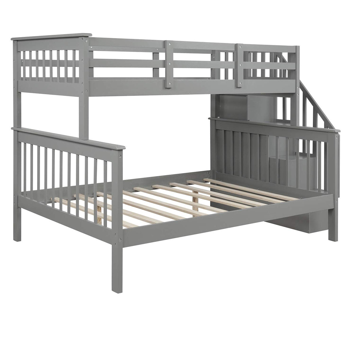 Bunk Bed with Staircase, Twin Over Full Bunk Bed with Storage, Bunk Bed Frames with Stairs, Convertible Bunk Beds for Teens, Kids(Grey)