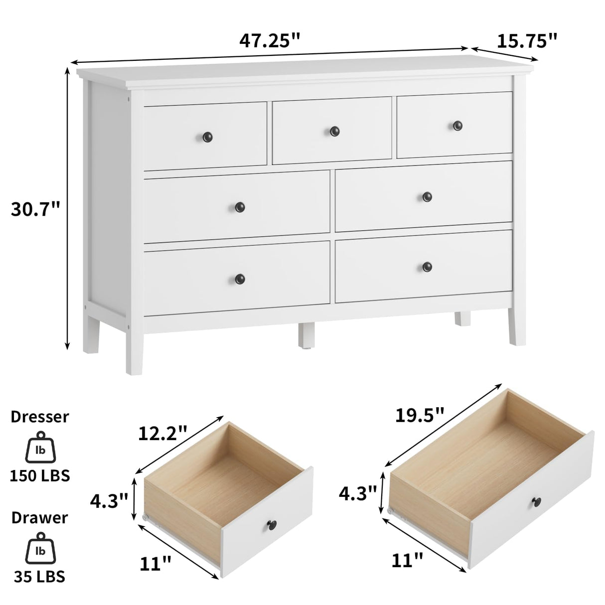 White Dresser for Bedroom, 7 Drawer Dresser with Wide Drawers and Metal Handles