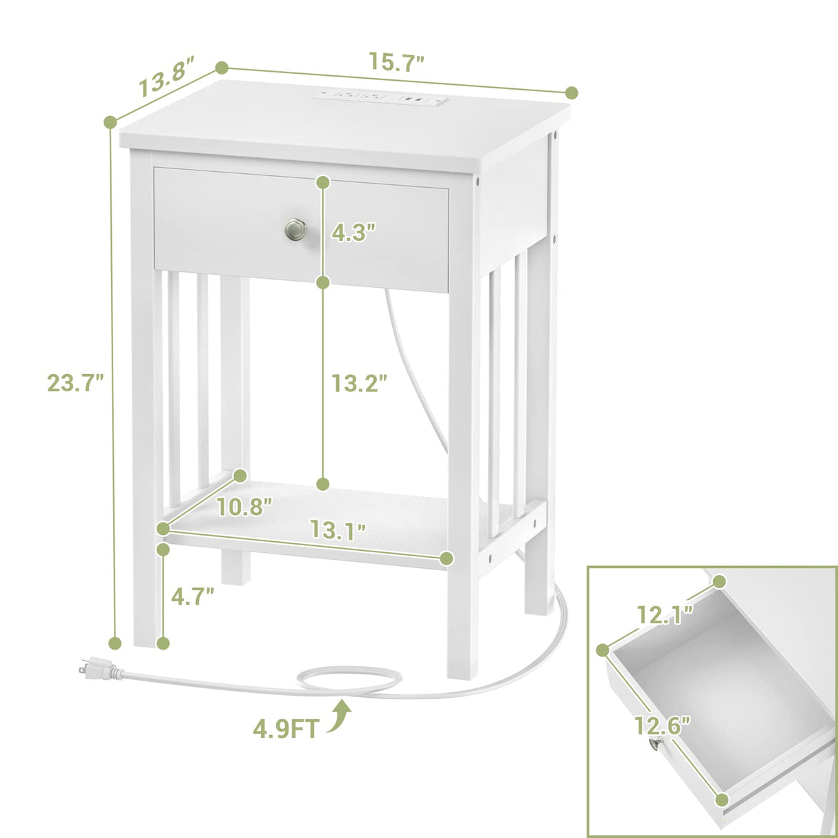 White Nightstand with Charging Station Set of 2, Bamboo Bedside Table Set