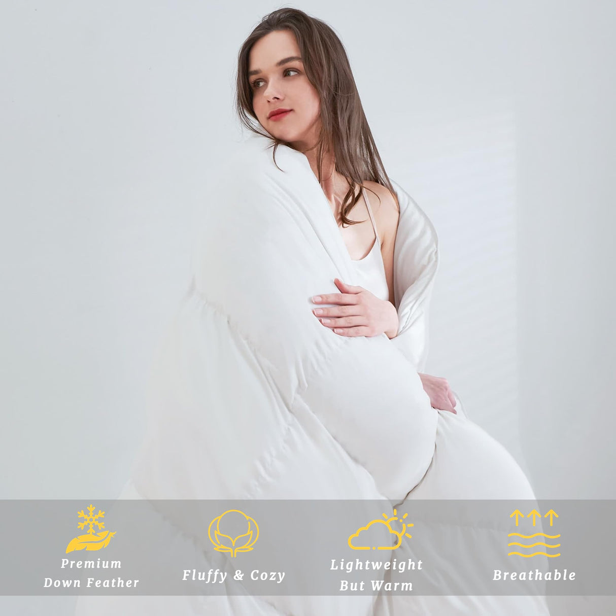 ELNIDO QUEEN Goose Feather Down Comforter Queen Size - All Season White Down Duvet Insert - Luxurious Fluffy Hotel Style Bedding Comforter - Ultra Soft 100% Cotton Cover - Queen (90x90 Inch)