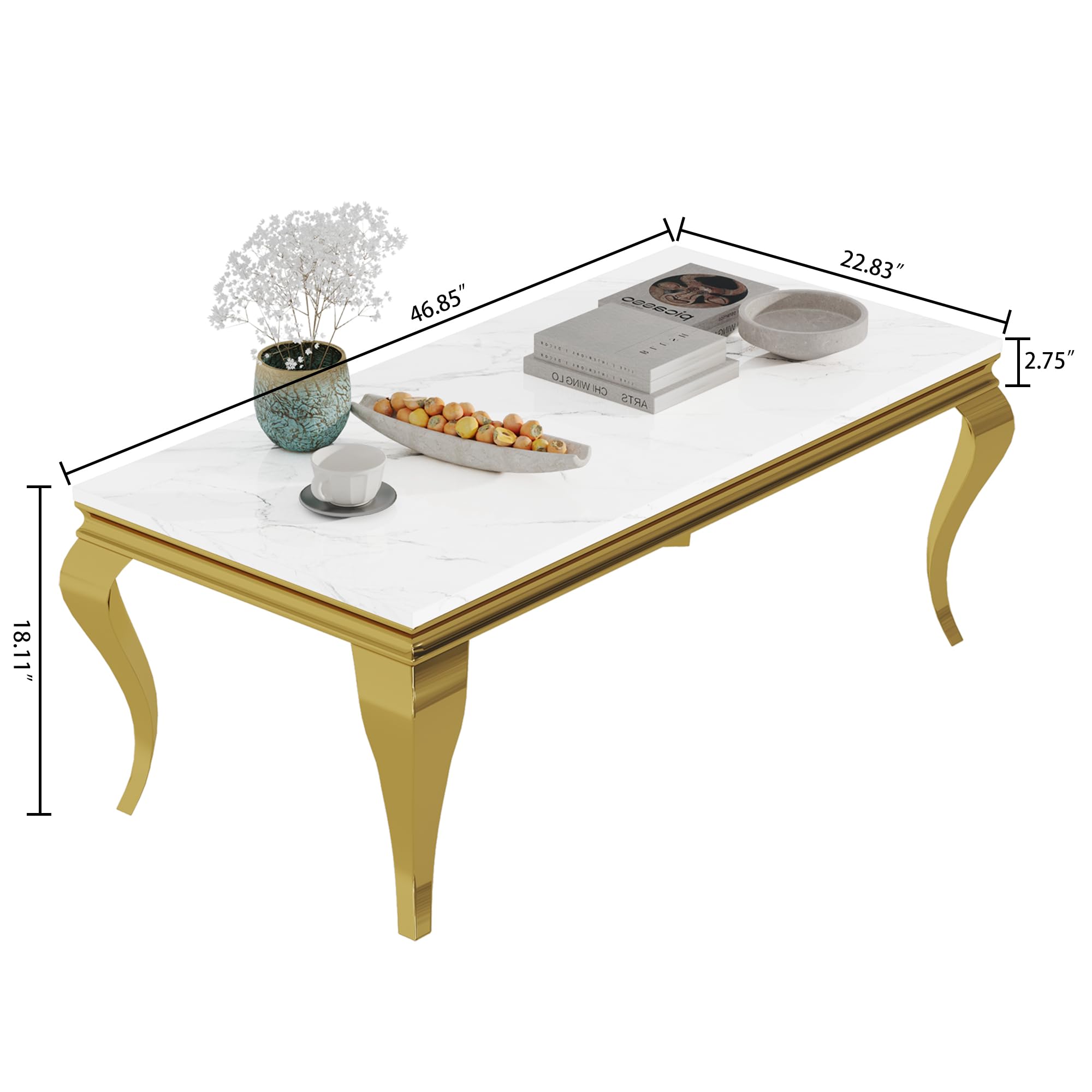 47" Coffee Table with White Marble Top, Modern Rectangle Faux Marble Coffee Table