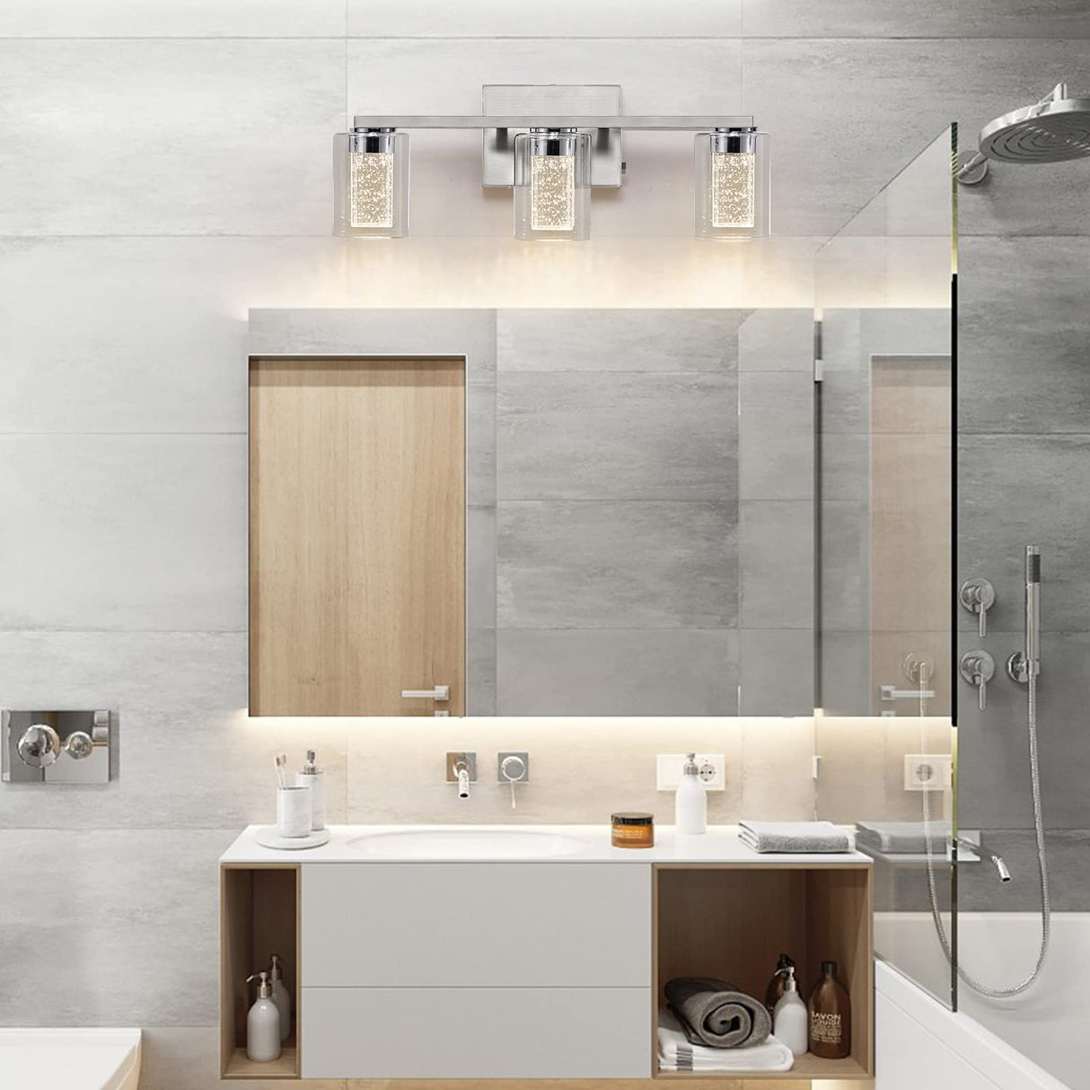 Brushed Nickel Vanity Lights, 3-Light Bathroom Light Fixtures, Crystal LED Bathroom