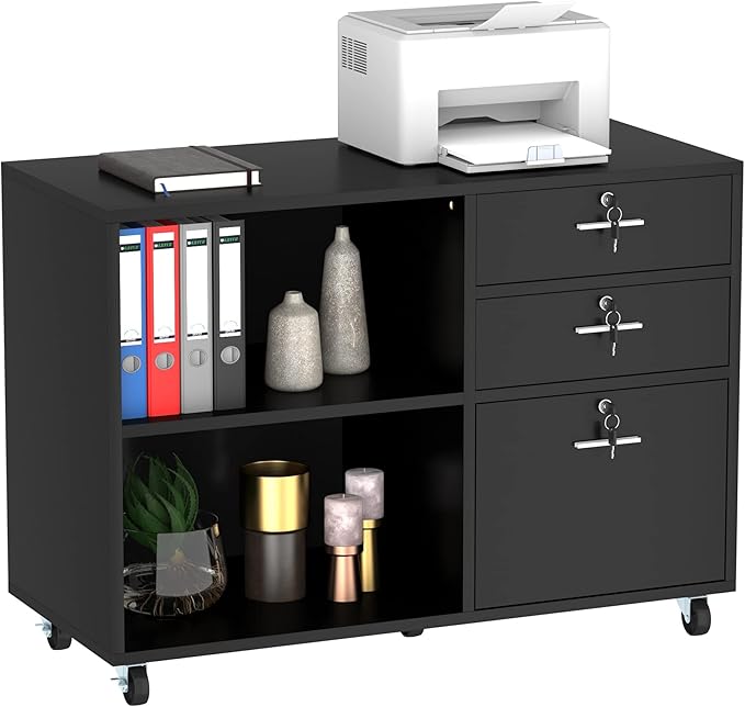 Wood File Cabinet, 3 Drawer Mobile Lateral Filing Cabinet, Storage Cabinet Printer Stand