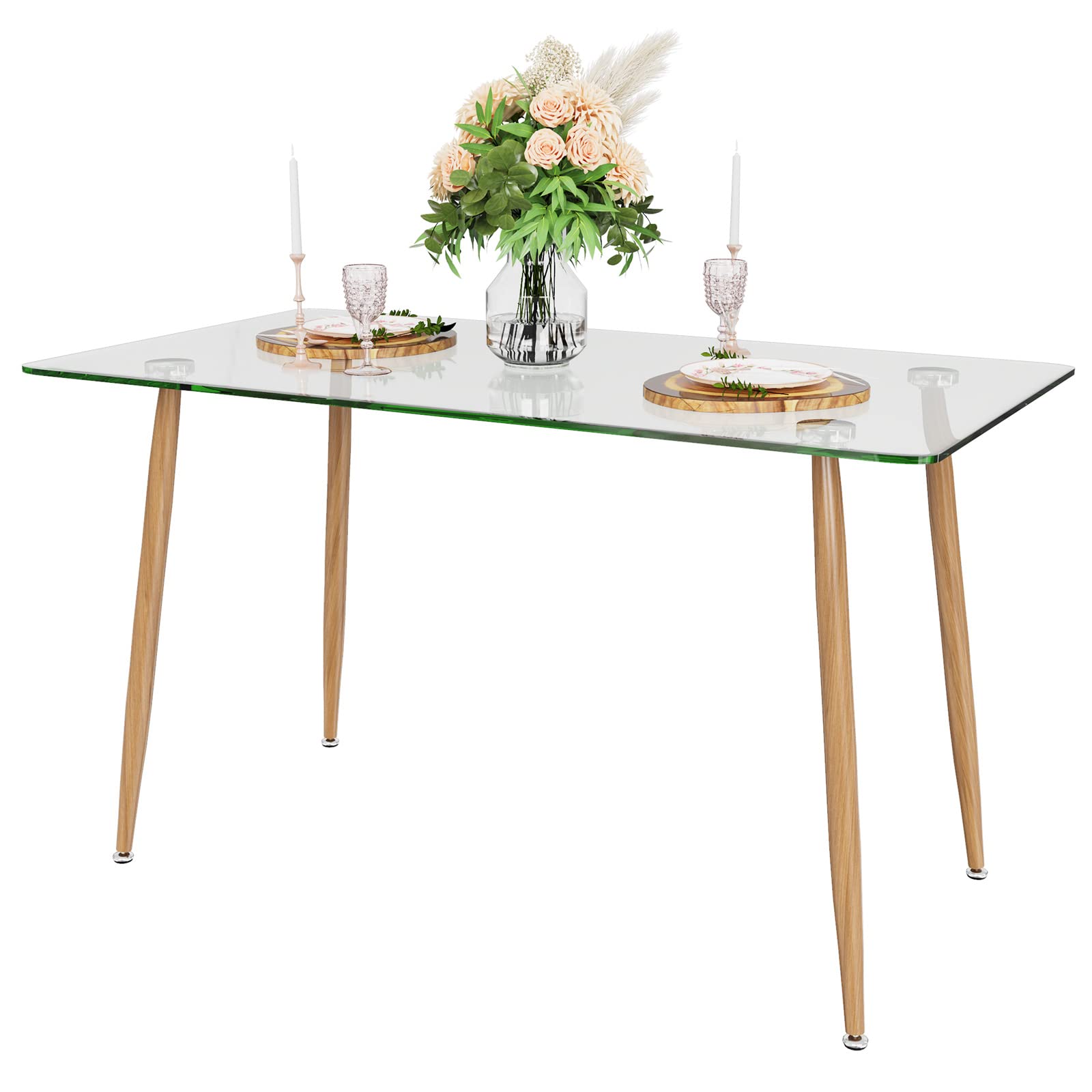 Glass Dining Table, Modern Rectangular Table with Tempered Glass Tabletop & Black