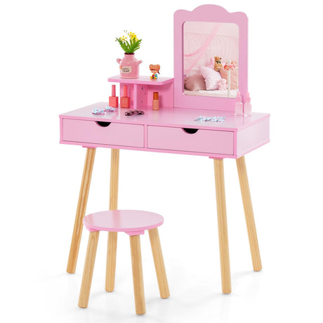 Kids Vanity with Stool, 2-in-1 Toddler Vanity w/Storage Drawers & Open Shelf