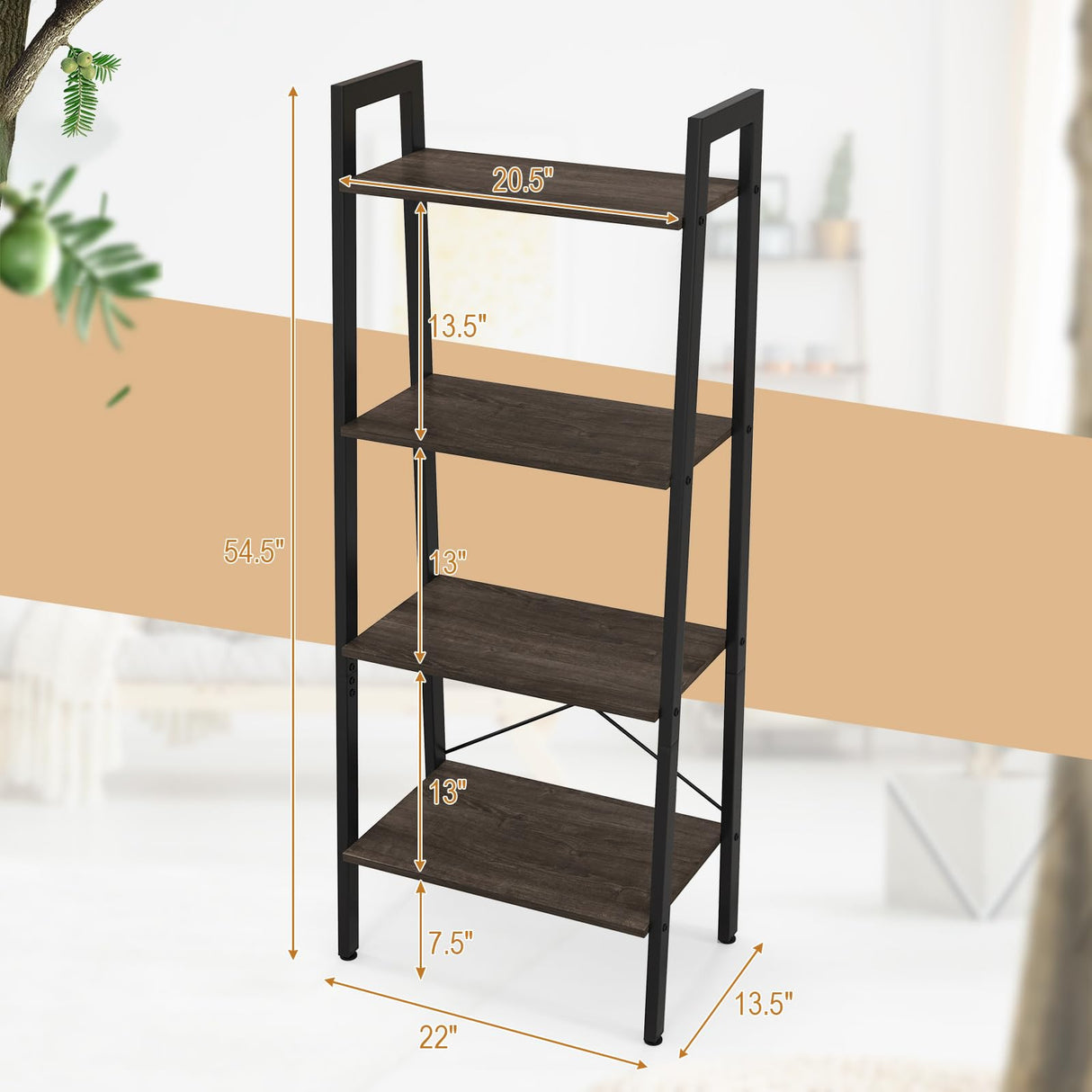 Ladder Bookshelf, 4-Tier Industrial Wood Bookcase w/Metal Frame, Anti-Toppling Device