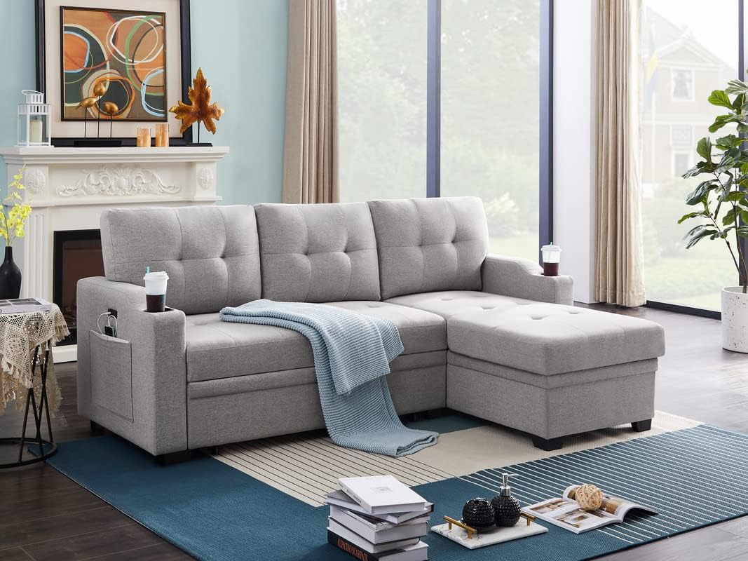 FANYE Linen Upholstery Tufted Sofa&Couch,L-Shaped Corner Reversible Sleeper Sectional Sofa Couch Sofabed w/Storage Chaise,Cupholders, USB Charging Port and Pockets for Living Room Furniture Set