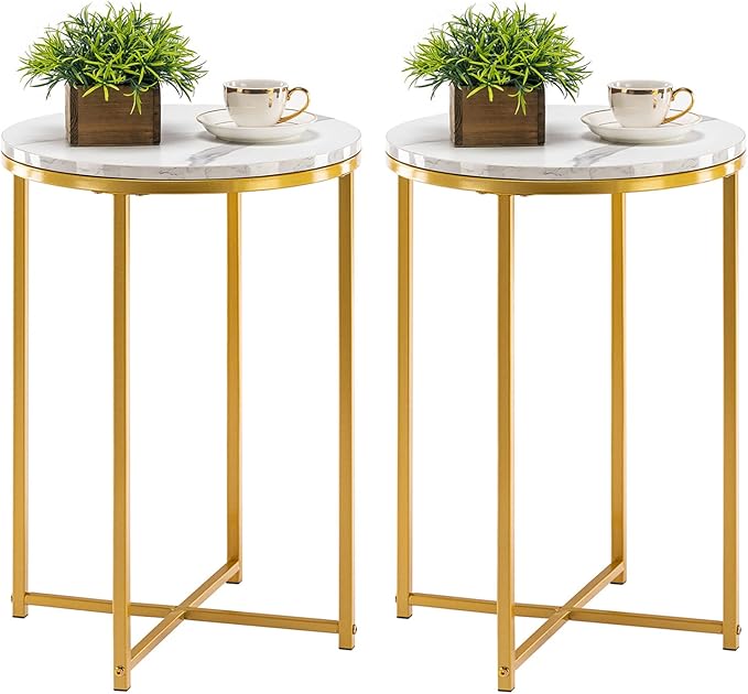 Round End Table, Faux Marble Sofa Table, Accent Side Table with Metal Frame, Modern