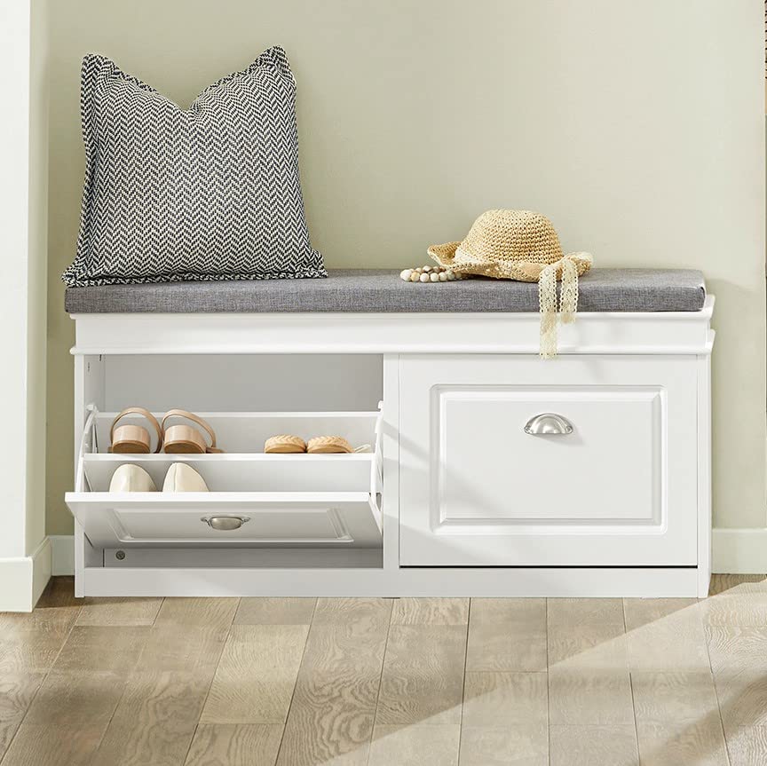 FSR64-W, White Shoe Storage Bench with 2 Flip Drawers & Padded Seat Cushion