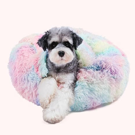 Dog Beds for Small Dogs, Donut Dog Bed with Blanket Attached, Calming Dog