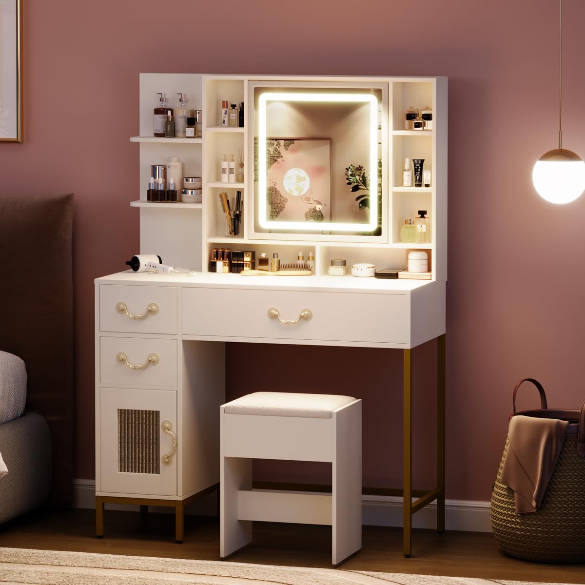 Makeup Vanity with Mirror and Lights, Vanity Desk with Charging Station & Upholstered