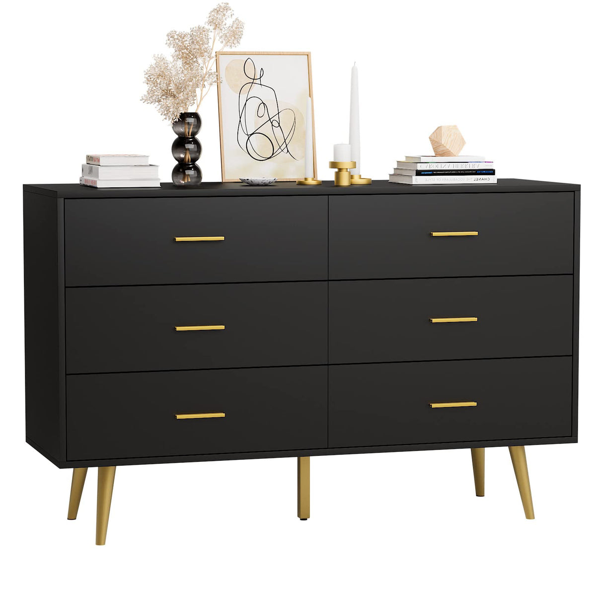 Black 6 Drawer Dresser for Bedroom, Wooden Black Double Dresser with Gold Handles