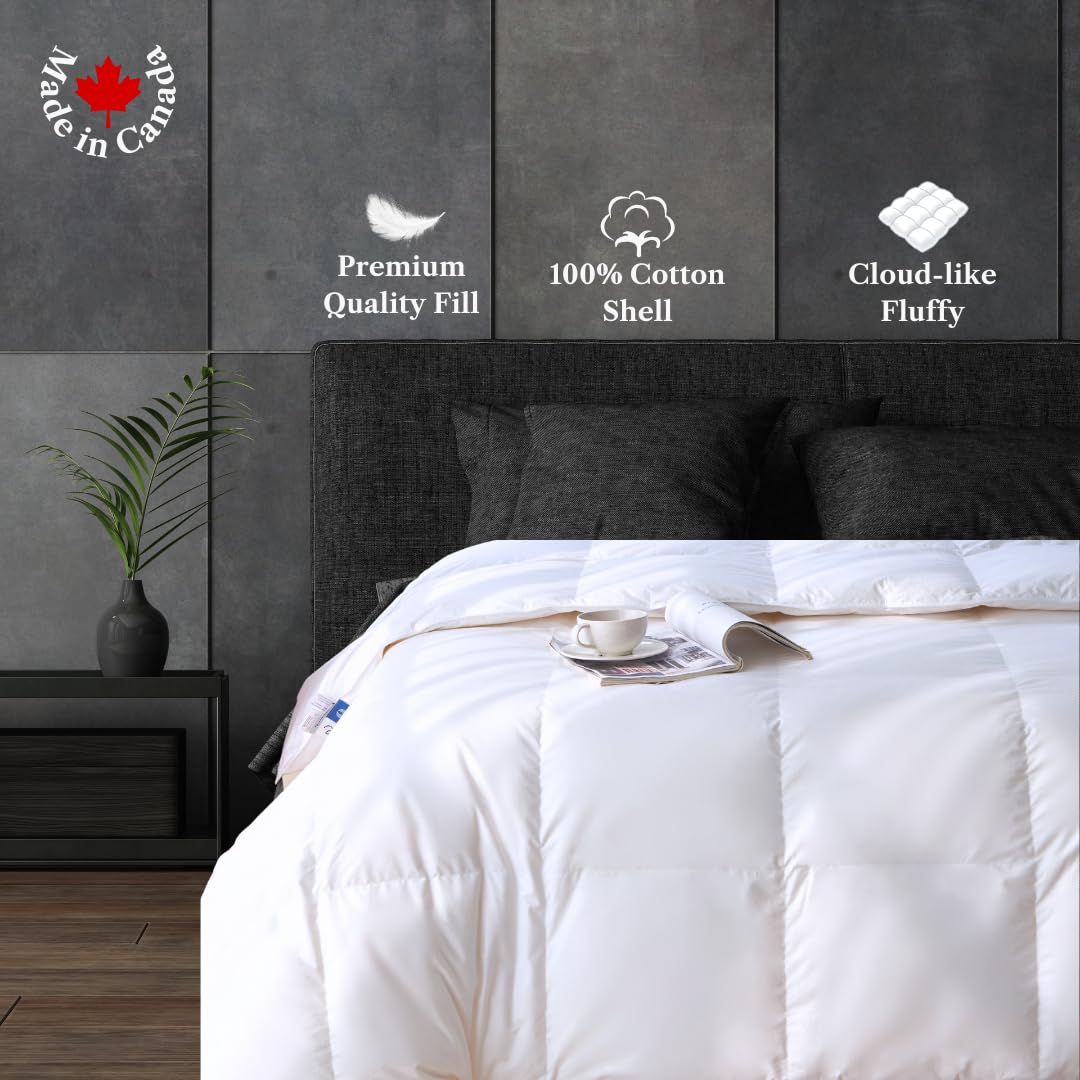Royal Elite Goose Feather Down Comforter King Size-Made in Canada White Goose Feather Duvet Insert-Fluffy Hotel Comforter with Oeko Tex Cotton Shell