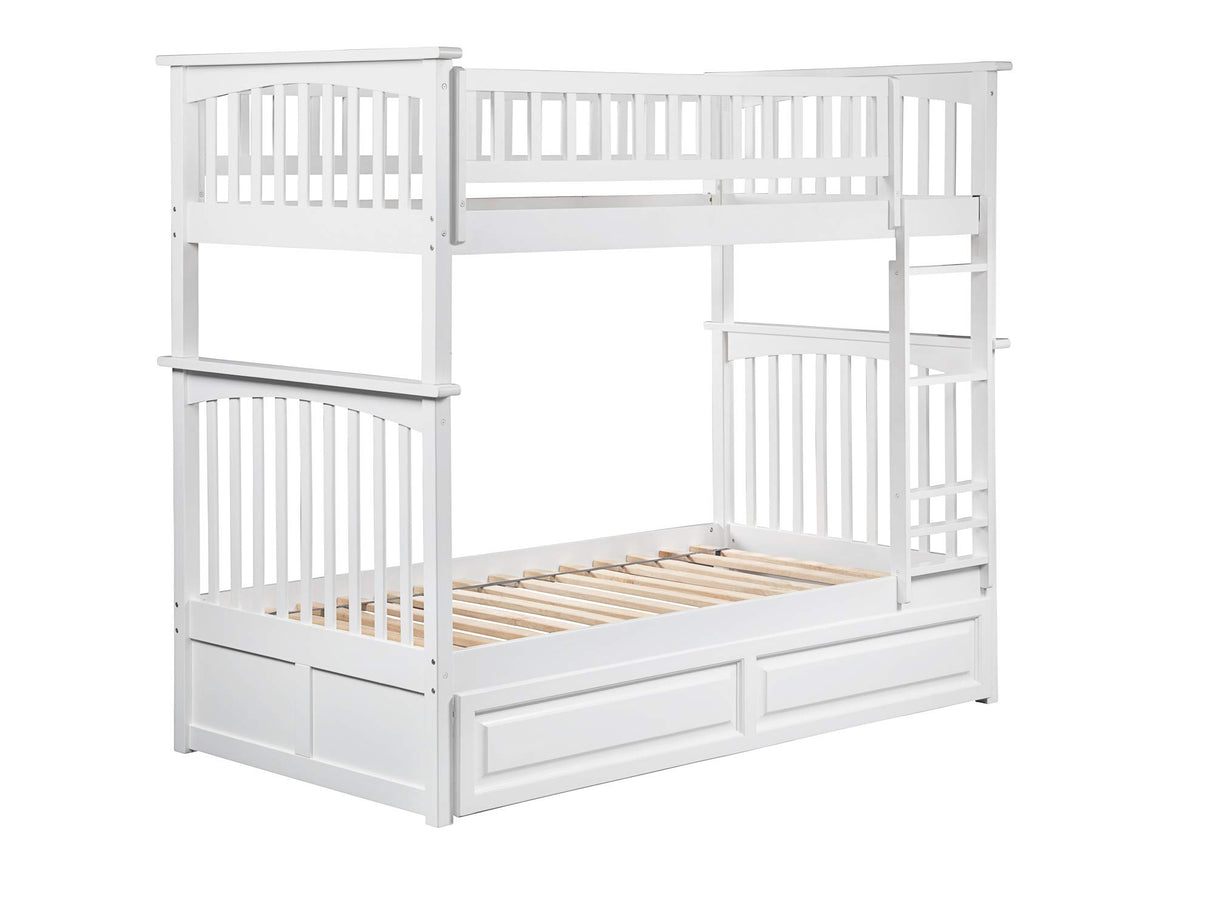 Columbia Twin over Twin Size Bunk Bed with Twin Raised Panel Trundle in White