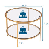 25.6" Round Gold Coffee Tables for Living Room, 2-Tier Glass Top Coffee Table