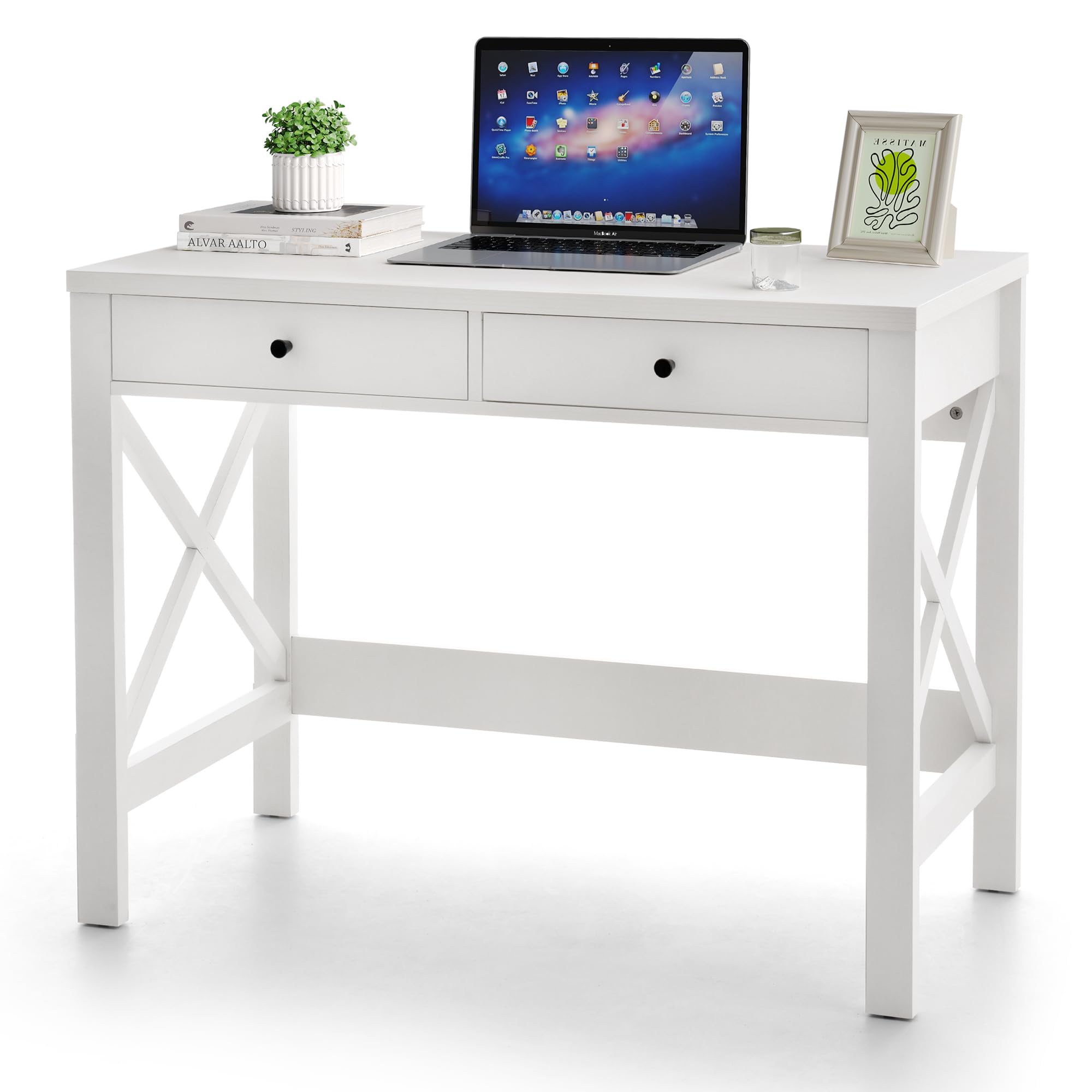 White Office Computer Desk with 2 Drawers - Small Writing Desk
