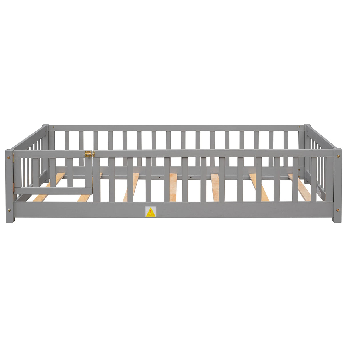 Platform Bed with Fence, Wooden Playpen Bed for Kids, Kids Fence Bed with Door, No Box Spring Needed (Grey)