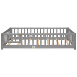 Platform Bed with Fence, Wooden Playpen Bed for Kids, Kids Fence Bed with Door, No Box Spring Needed (Grey)