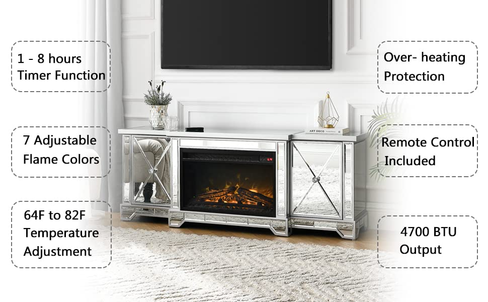 Electric Fireplace TV Stand for TVs up to 65”, Mirrored TV Stand with 18” LED Fireplace