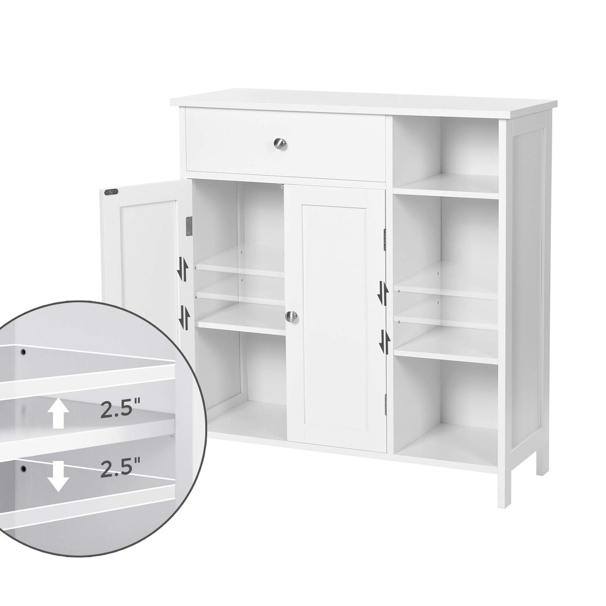 Bathroom Floor, Freestanding Storage Cabinet with Drawer, 3 Open Compartments,