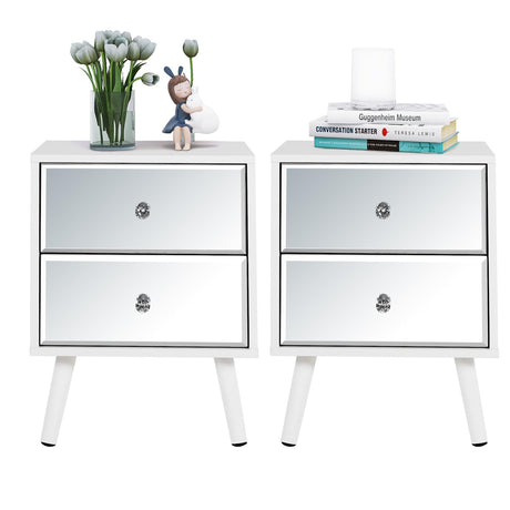 White Nightstand Set of 2, Mirrored Bedside Table Set of 2, Modern Bedroom Night Stands