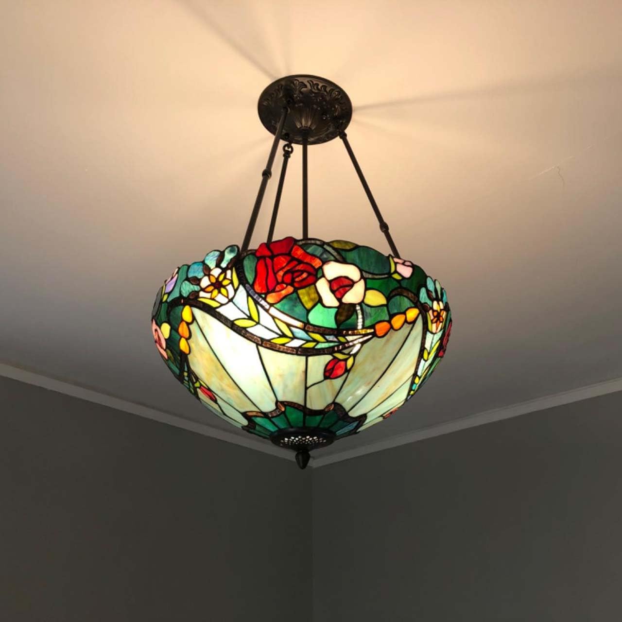 Rose Flower Tiffany Stained Glass Pendant Light - 18 Inch 3-Light Ceiling Fixture