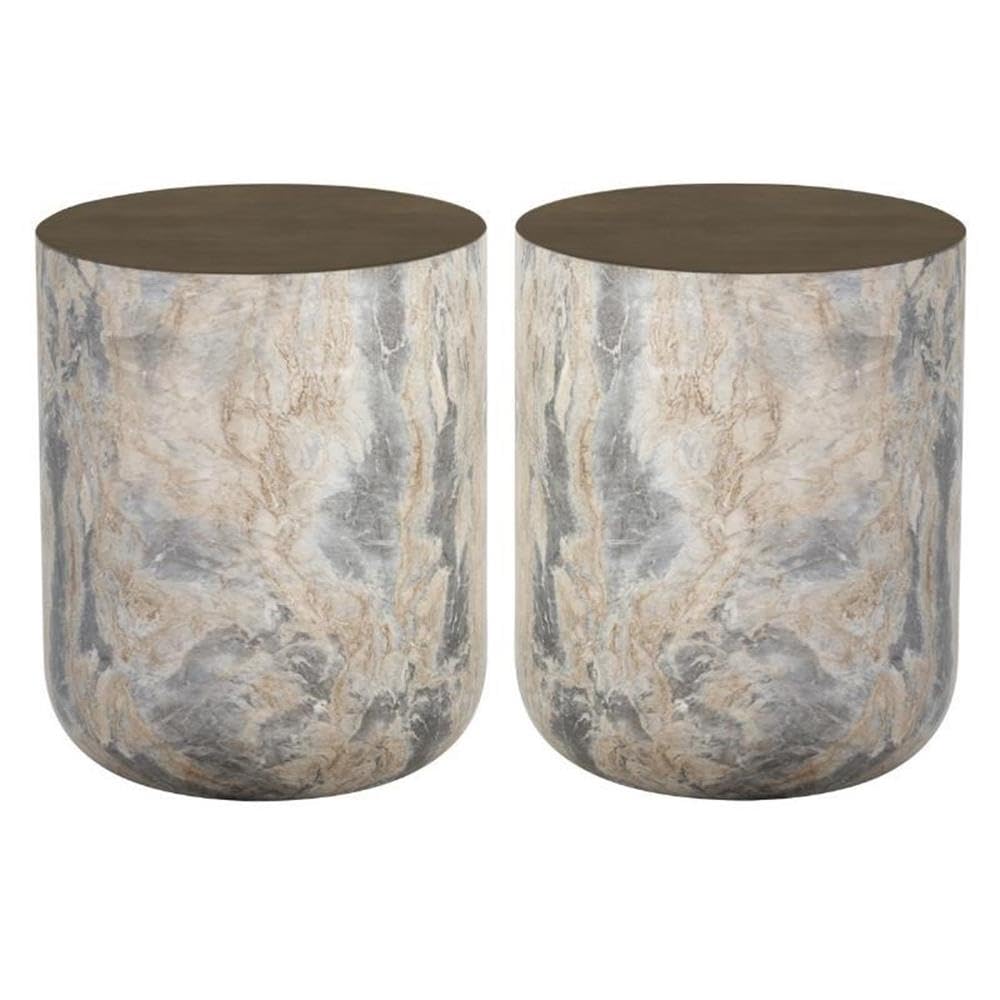 Diaz 16" Drum Modern Concrete End Table in Antique Brass - Set of 2