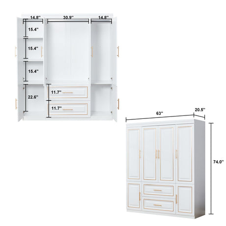 TemkTuek 2-Door Armoire Wardrobe Closet, White Wood Bedroom Storage Organizer with Hanging Rod, Double Doors, and Drawers, Wardrobe Closet with Doors, Closet Organizers and Storage, 32"x71"x19"