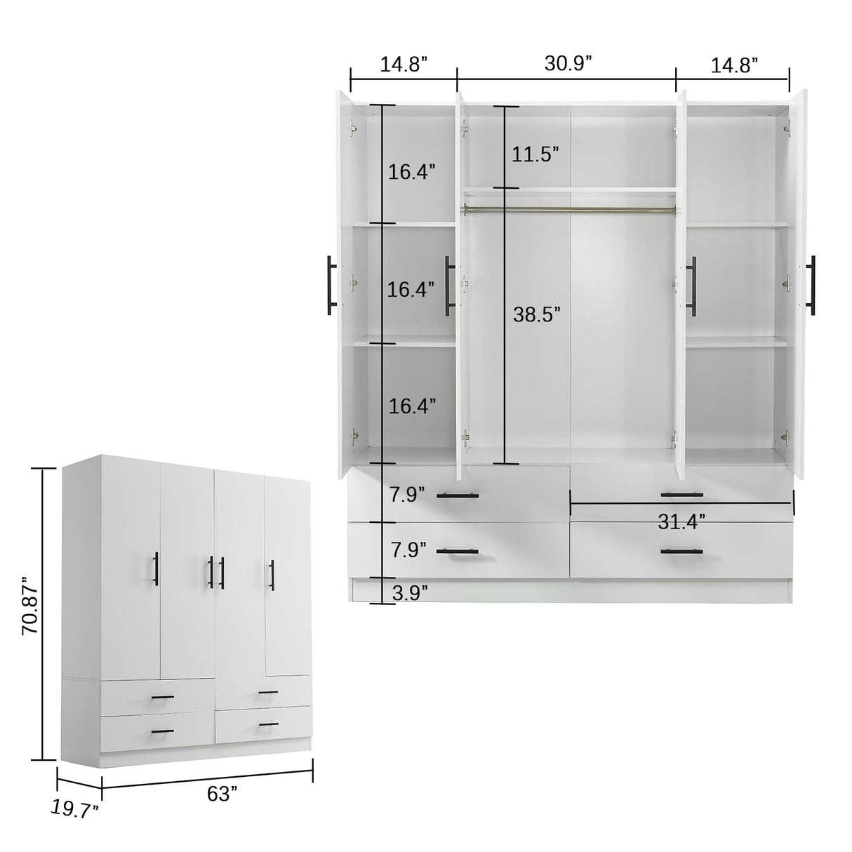 Armoire Wardrobe Closet, Wardrobe Closet with 4 Drawers, Storage Cabinet Wood