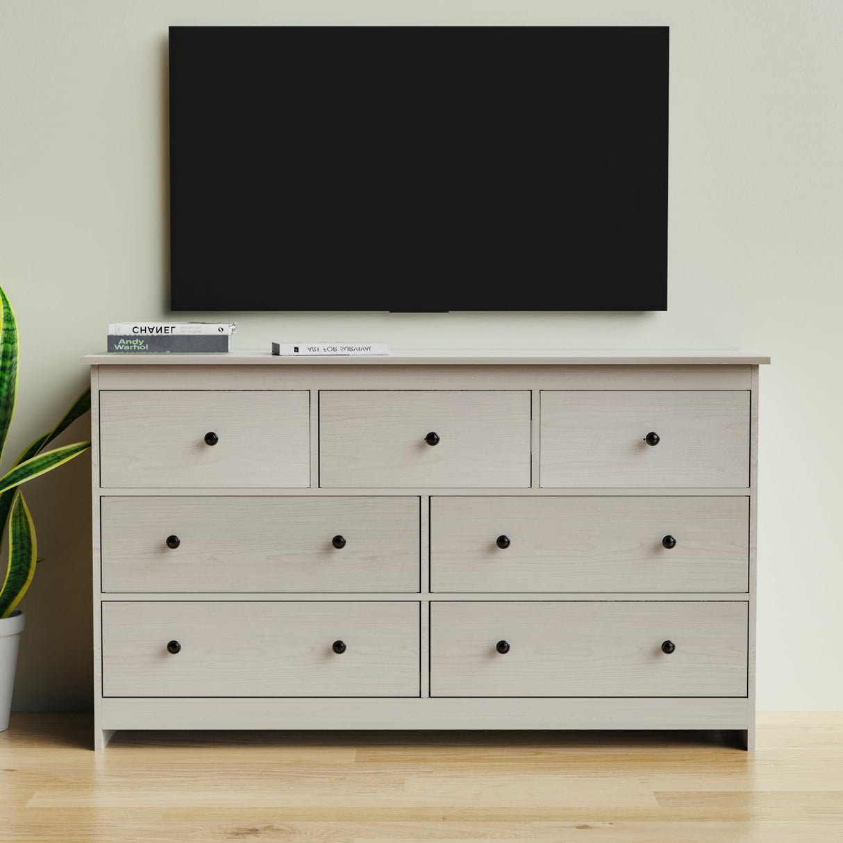 Dresser for Bedroom, 55" Long Dresser, Beige Dresser with Deep Drawer and Metal Hand