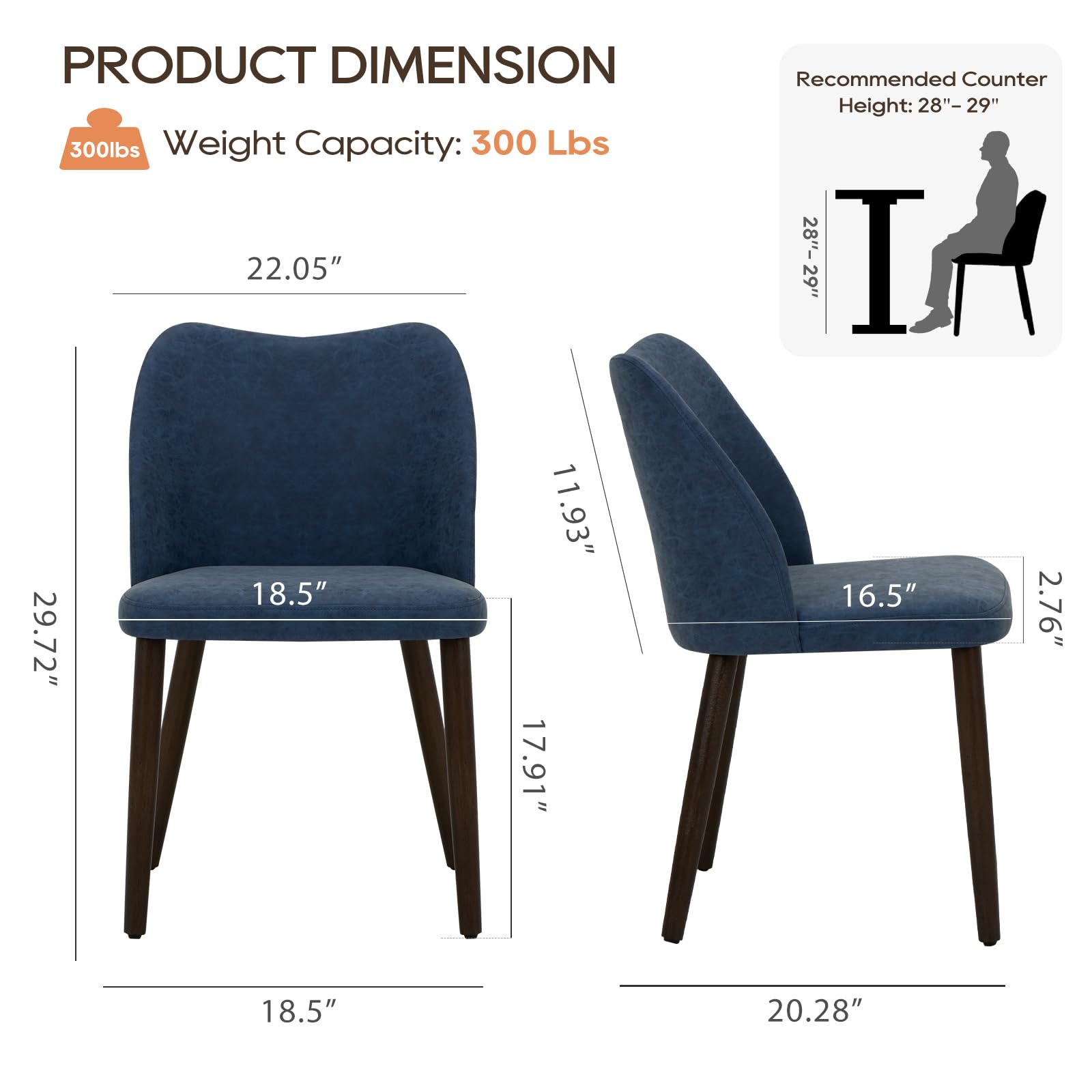Upholstered Dining Chairs Set of 2 - Blue PU Leather