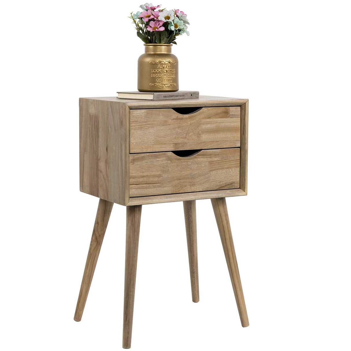 Solid Brown Wood Mid Century Modern Nightstand Side Table End Table with 2 Pull Out