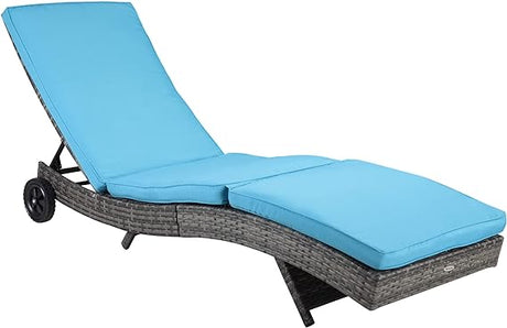 Chaise Lounge Pool Chair, Outdoor PE Rattan Cushioned Patio Sun Lounger