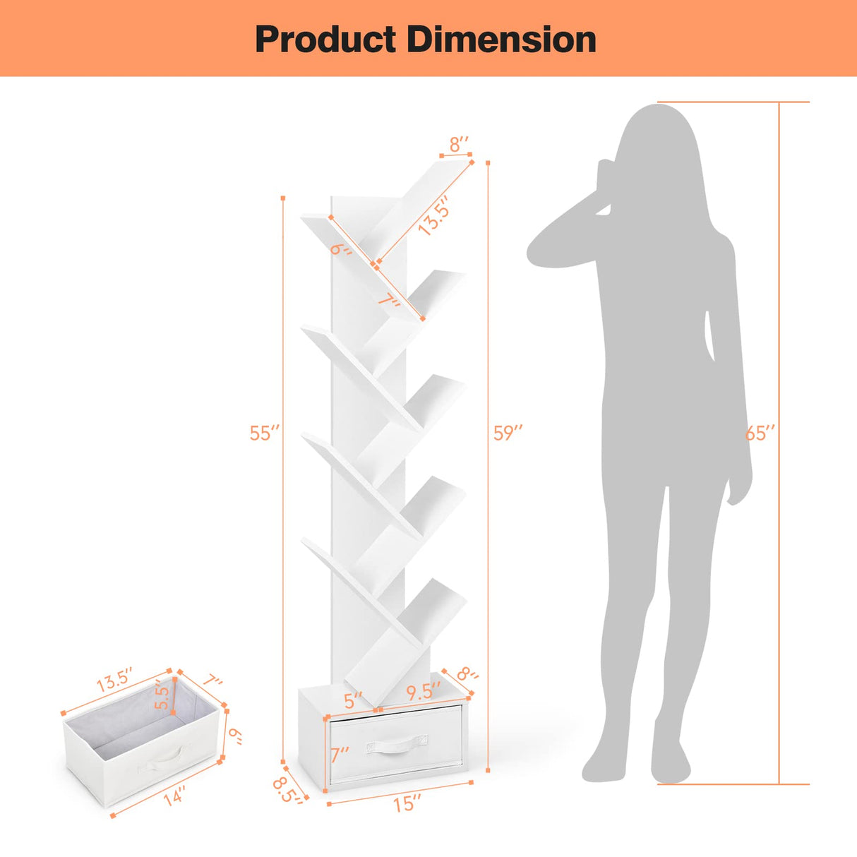 Tangkula 10 Tier Tree Bookshelf with Drawer, Floor Standing Storage Rack for CDs, Movies & Books, Display Utility Shelves for Bedroom, Living Room & Home Office (White, 10 Tier)