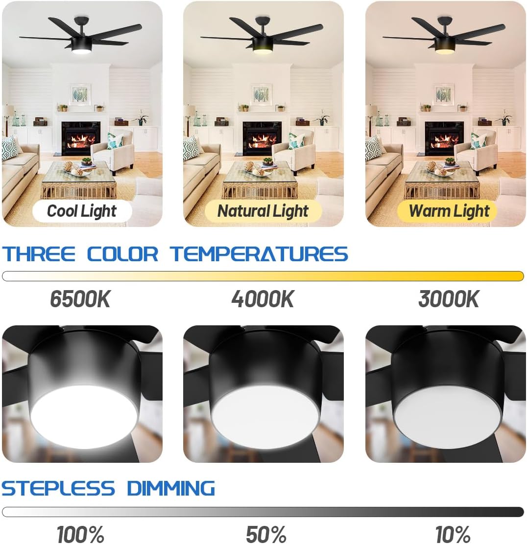 52 Inch Smart Ceiling Fan, DC Reversible Motor Noiseless Timing 3CCT Dimmable, Black