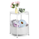 Side Table, White End Table with Storage Basket, Metal Night Stand with Removable Tray,